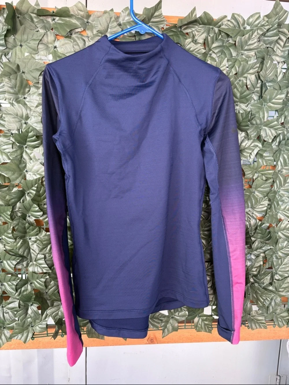 Nike Women's Navy Long Sleeve Performance Top with Pink Ombre Sleeves, size M